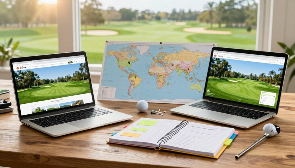 A scenic golf vacation planning scene featuring a well-organized workspace. In the foreground, a large wooden table is adorned with an open laptop showing a picturesque golf course website. Next to it, a neatly arranged planner with colorful tabs and notes regarding different golf destinations. A golf ball and tees rest nearby, adding a thematic touch. In the middle, a world map is spread out with highlight markers indicating popular golf locales like Scotland, Florida, and Pebble Beach. In the background, a sunlit window reveals a lush green landscape, hinting at idyllic golfing conditions. The lighting is warm and inviting, creating a sense of relaxation and anticipation. The mood is upbeat and focused, reflecting the excitement of planning a perfect golf trip. A scenic golf vacation planning scene featuring a well-organized workspace. In the foreground, a large wooden table is adorned with an open laptop showing a picturesque golf course website. Next to it, a neatly arranged planner with colorful tabs and notes regarding different golf destinations. A golf ball and tees rest nearby, adding a thematic touch. In the middle, a world map is spread out with highlight markers indicating popular golf locales like Scotland, Florida, and Pebble Beach. In the background, a sunlit window reveals a lush green landscape, hinting at idyllic golfing conditions. The lighting is warm and inviting, creating a sense of relaxation and anticipation. The mood is upbeat and focused, reflecting the excitement of planning a perfect golf trip.