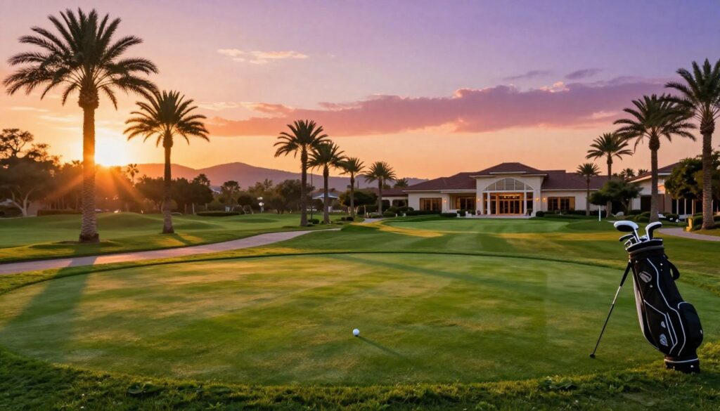 A serene golf course at sunset, showcasing an idyllic golf vacation. In the foreground, a beautifully manicured putting green with a golf ball poised near the hole, accompanied by a golf bag and clubs. The middle ground features a pathway lined with palm trees, leading to a stunning clubhouse with elegant architecture, hinting at luxurious amenities. In the background, rolling hills gently transition into a vibrant sunset sky with hues of orange, pink, and purple, casting a warm glow over the scene. Soft sunlight filters through the trees, creating dappled shadows on the ground. The mood is one of relaxation and anticipation, ideal for planning the perfect golf itinerary. A serene golf course at sunset, showcasing an idyllic golf vacation. In the foreground, a beautifully manicured putting green with a golf ball poised near the hole, accompanied by a golf bag and clubs. The middle ground features a pathway lined with palm trees, leading to a stunning clubhouse with elegant architecture, hinting at luxurious amenities. In the background, rolling hills gently transition into a vibrant sunset sky with hues of orange, pink, and purple, casting a warm glow over the scene. Soft sunlight filters through the trees, creating dappled shadows on the ground. The mood is one of relaxation and anticipation, ideal for planning the perfect golf itinerary.