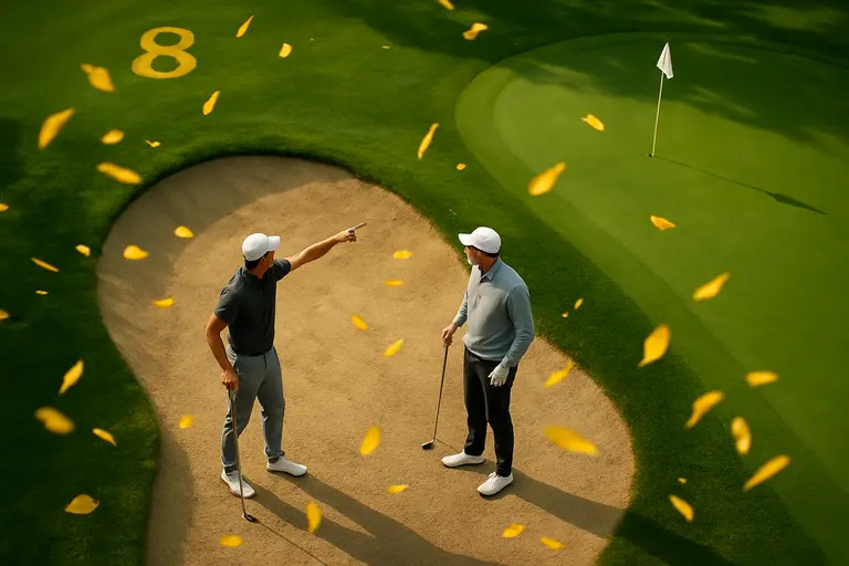 A golfer planning an approach shot from a sloping fairway lie