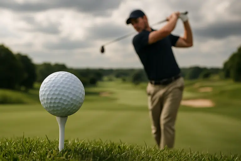 Golfer assessing an approach shot over bunkers toward a compact green