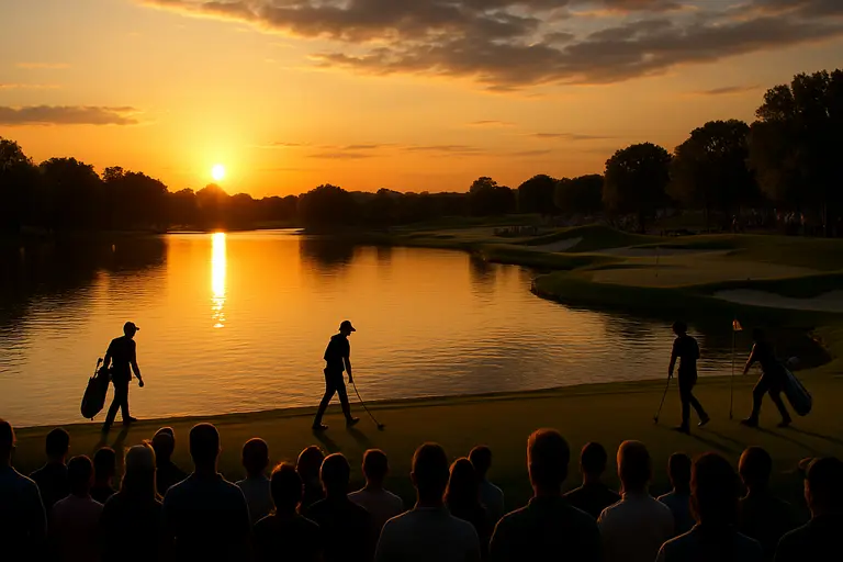 Golf hole beside a lake with a diagonal carry and green beyond the water