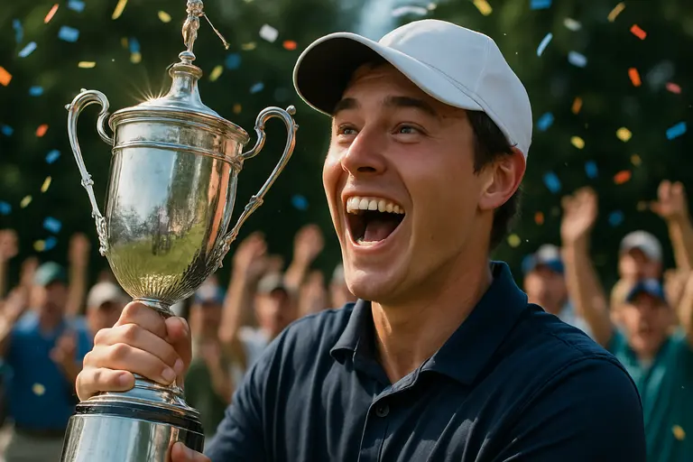 Golf trophy on a clubhouse table near a putting green after championship play