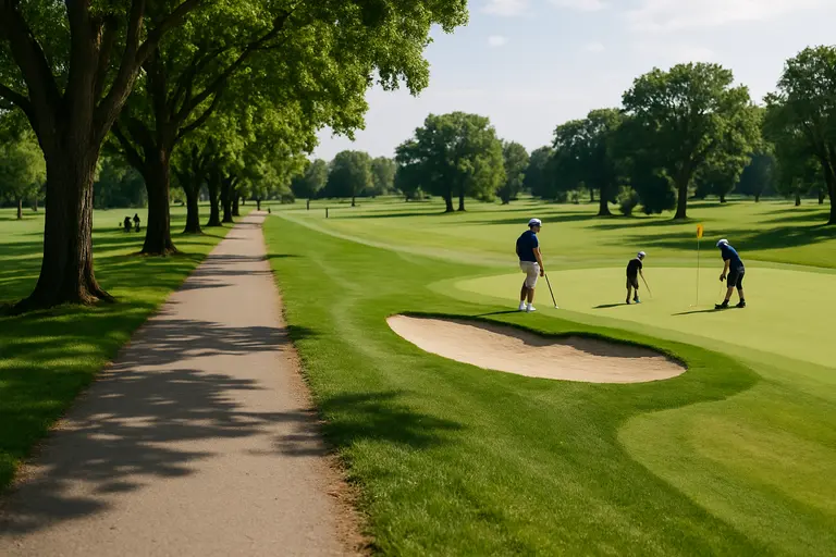 Public park path beside golf turf with trees and open recreation space