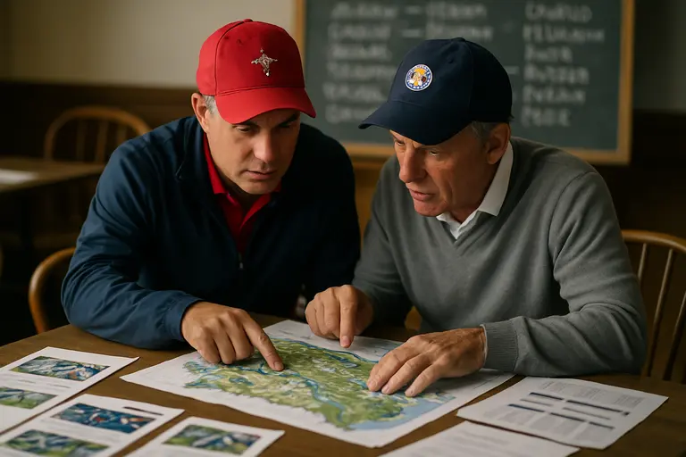Two golfers and caddies discussing an approach shot beside a fairway bunker