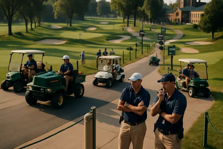 Temporary walkways crossing a golf venue between greens and hospitality areas
