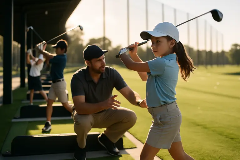 Flat driving range tee with short-game greens near the first tee