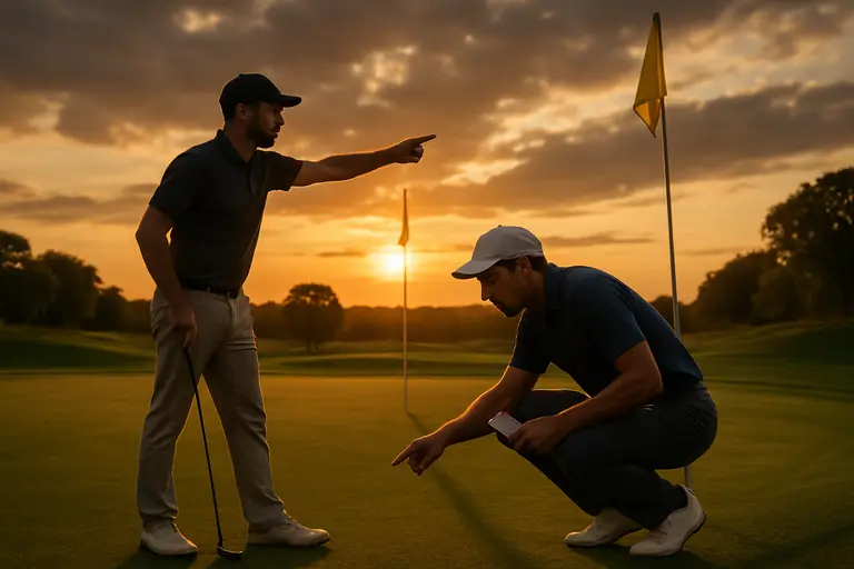 Contoured putting green guarded by sand and closely mown surrounds