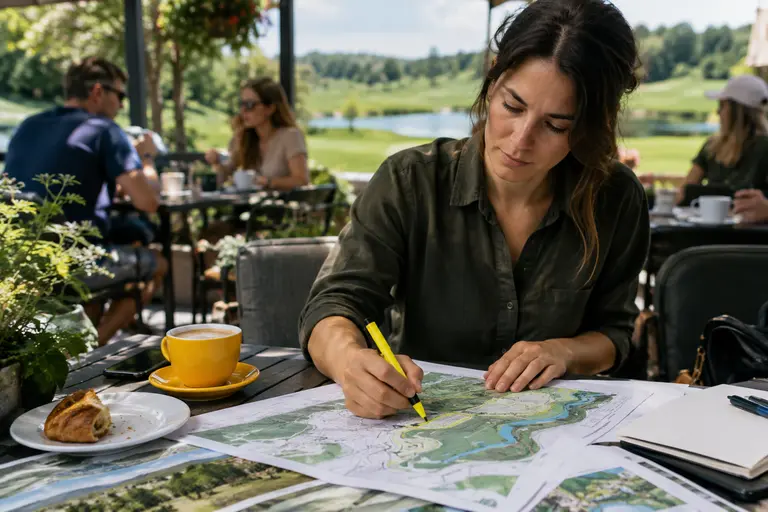 Course plan materials beside a fairway with trees and water in the distance