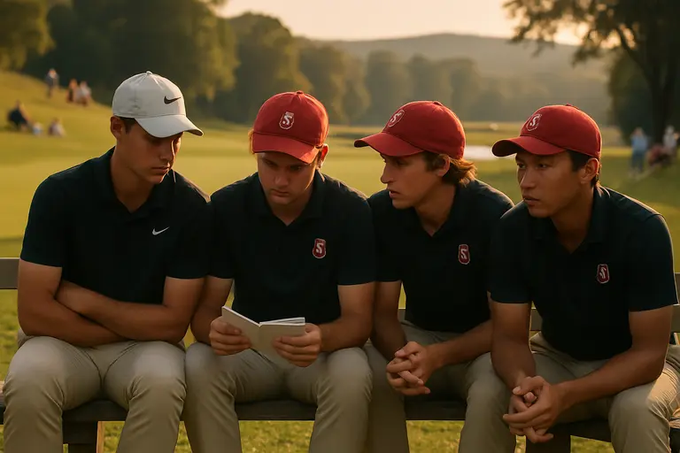 Five college golfers reviewing yardages beside a fairway
