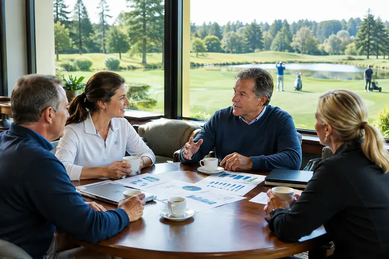 Golf clubhouse walkway connecting dining, pro shop, and snack bar areas
