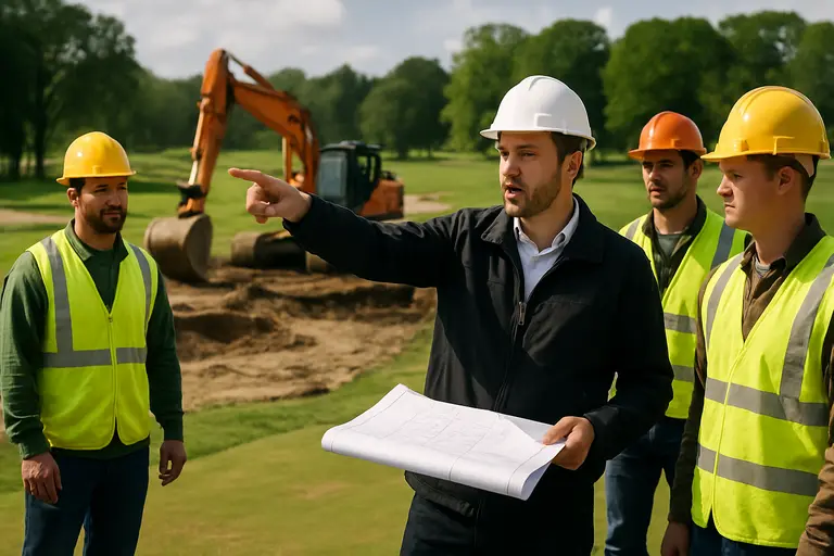 Golf course construction area with shaped green surrounds and irrigation work in progress