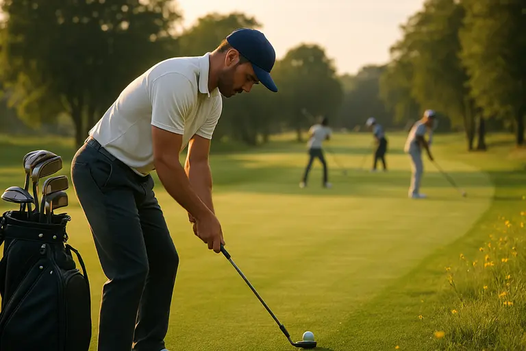 Golfer preparing a tee shot over water toward a fairway angled along a lake