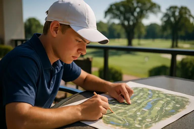 Golfer studying an approach shot toward a guarded green with sand hazards