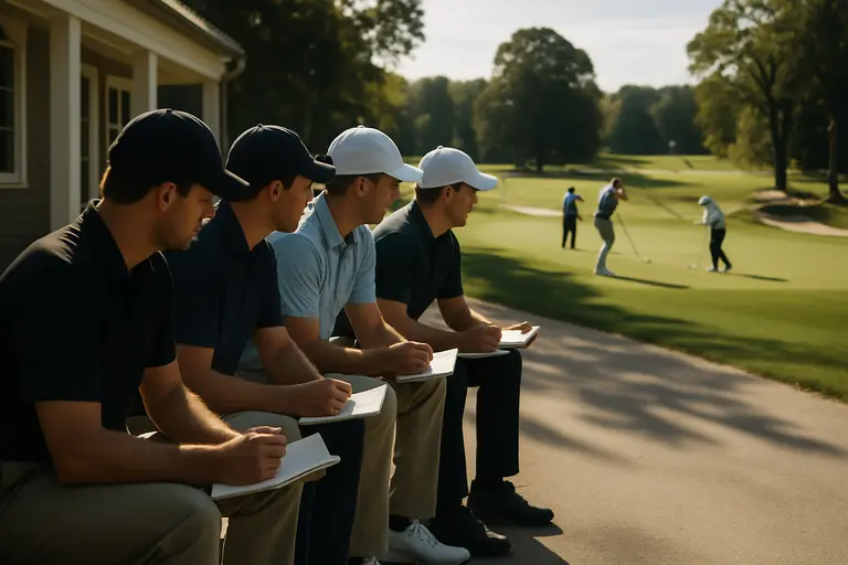 Golfer studying approach angles from a soft fairway