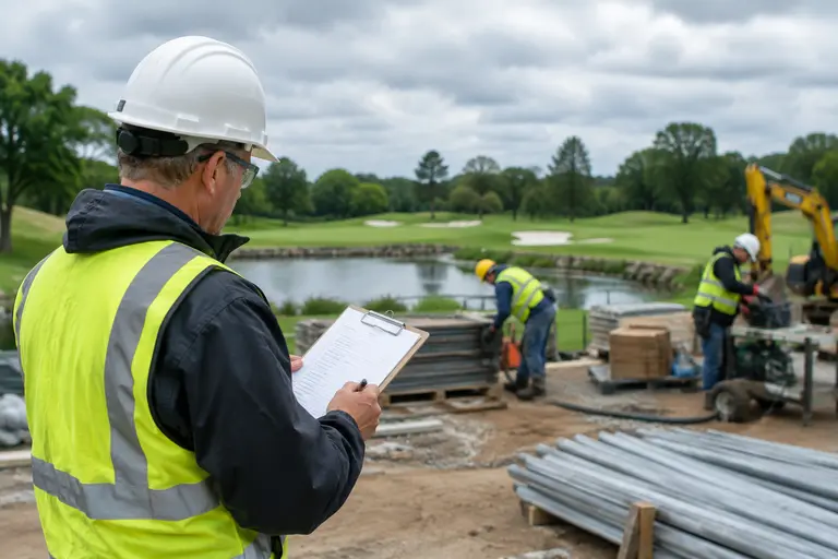 Golfers walking near a public course clubhouse with construction fencing nearby
