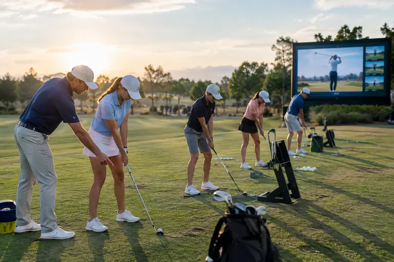 Large golf practice range with target greens, fairway zones, and putting areas