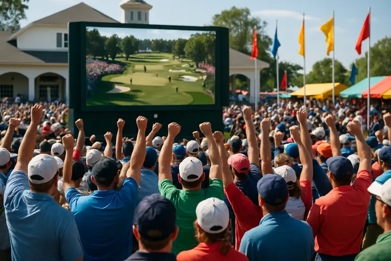Temporary grandstand beside a golf fairway with spectator paths and hospitality flooring