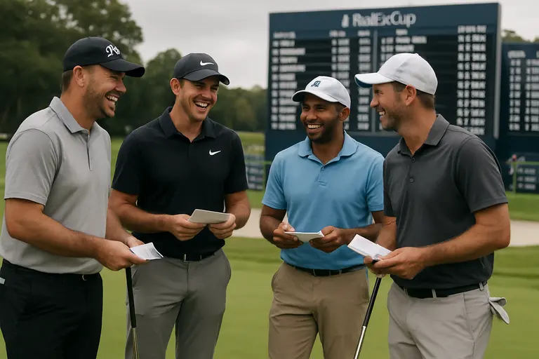 Tournament practice area with players preparing beside a quiet fairway